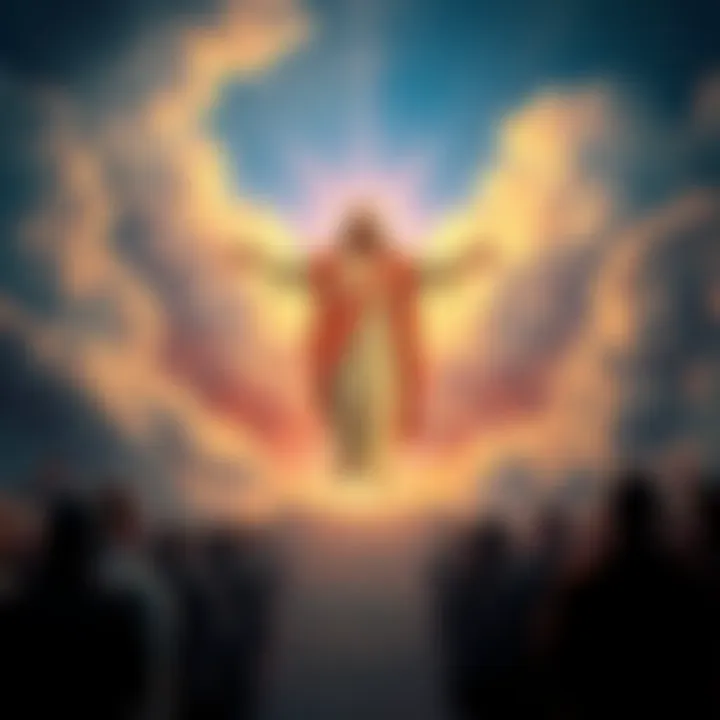 A depiction of Jesus Christ surrounded by light and clouds, symbolizing a divine return, with people looking on in awe.