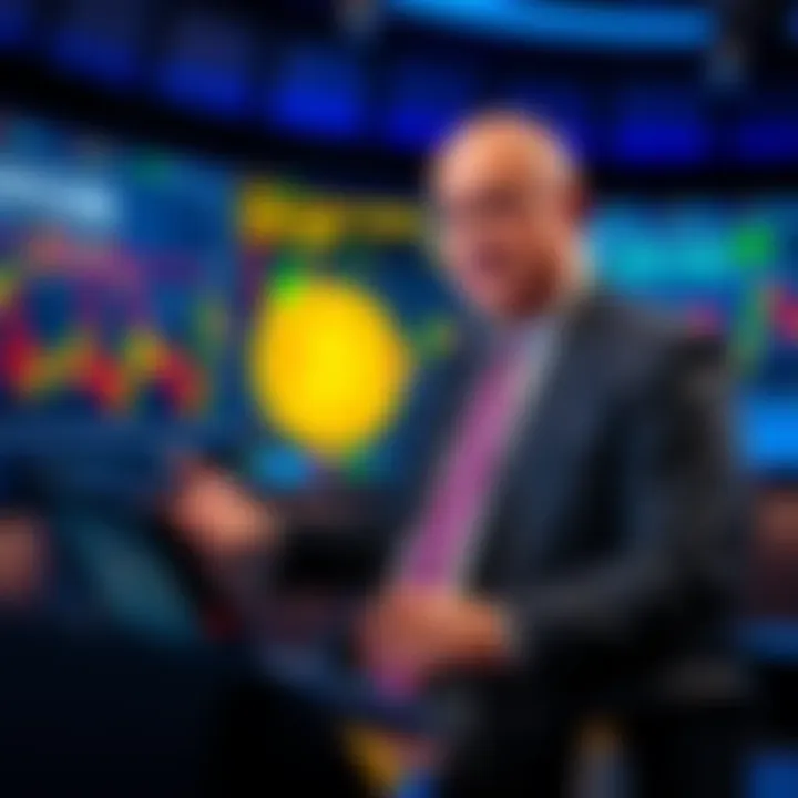 Jim Cramer on a TV set, analyzing Bitcoin market trends, with charts in the background