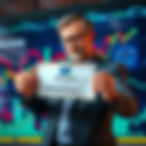 Jim Grube holding a stock certificate with graphs showing upward trends in the background