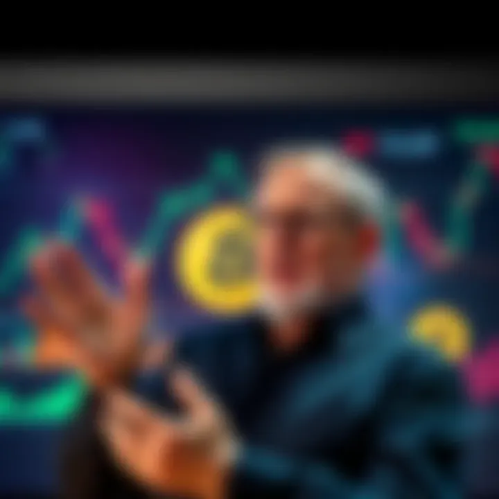 A man discussing Bitcoin with charts and graphs in the background, highlighting arguments against cryptocurrency.