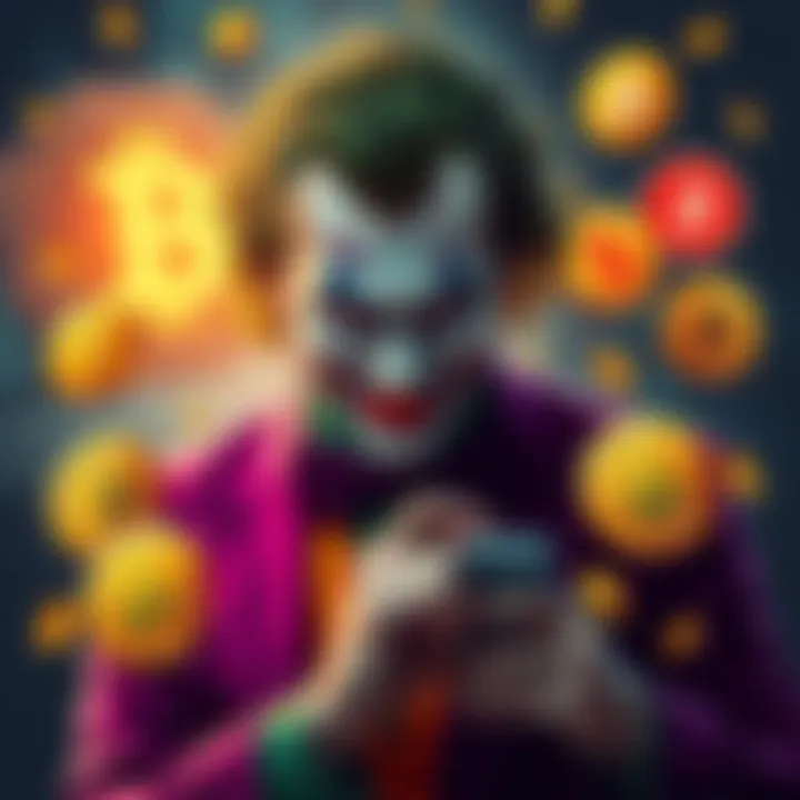 Joaquin Phoenix dressed as The Joker, surrounded by cryptocurrency symbols representing his year-long journey in crypto