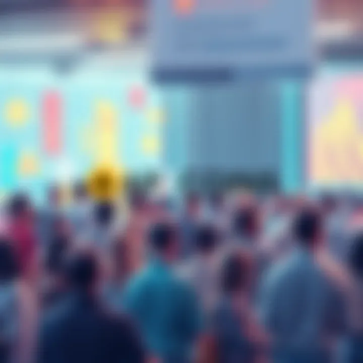 A diverse group of people discussing cryptocurrency and APECOIN at a vibrant forum setting