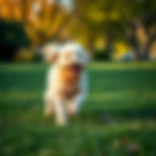 A playful Goldendoodle running happily in a grassy park with a stick in its mouth, showcasing its fluffy fur and joyful demeanor.