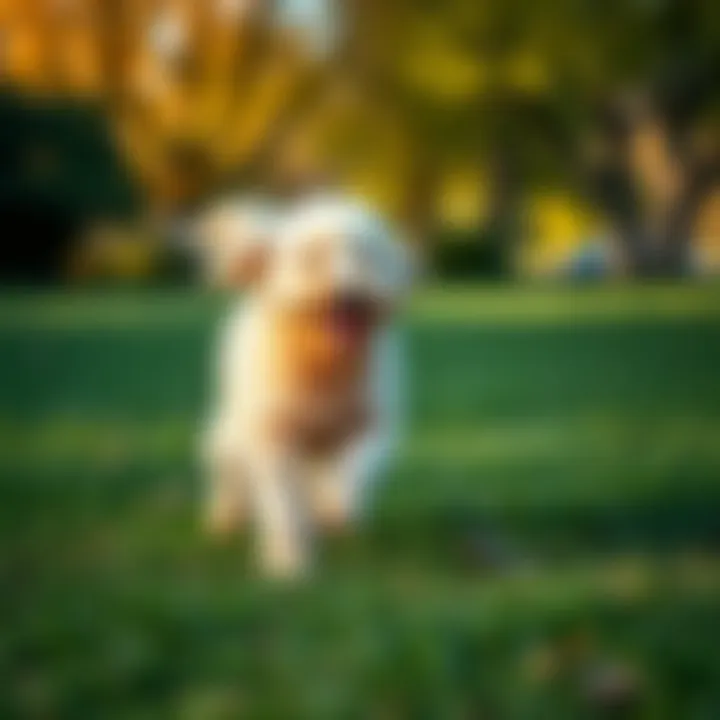 A playful Goldendoodle running happily in a grassy park with a stick in its mouth, showcasing its fluffy fur and joyful demeanor.
