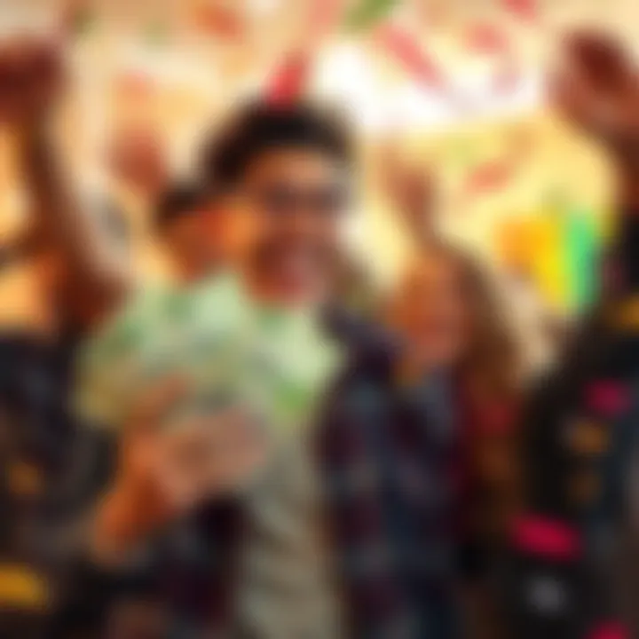 A happy person holding 3 Alas bucks with a big smile, surrounded by confetti and friends celebrating together.