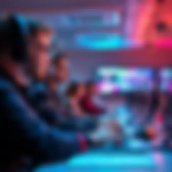 An experienced software engineer judging a virtual hackathon, surrounded by computer screens and participants, providing feedback on projects.