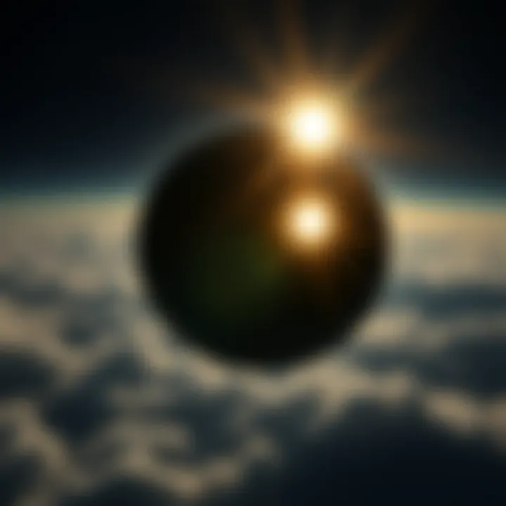 A view of Jupiter in the sky with two bright suns illuminating its clouds and rings, creating a vibrant atmosphere