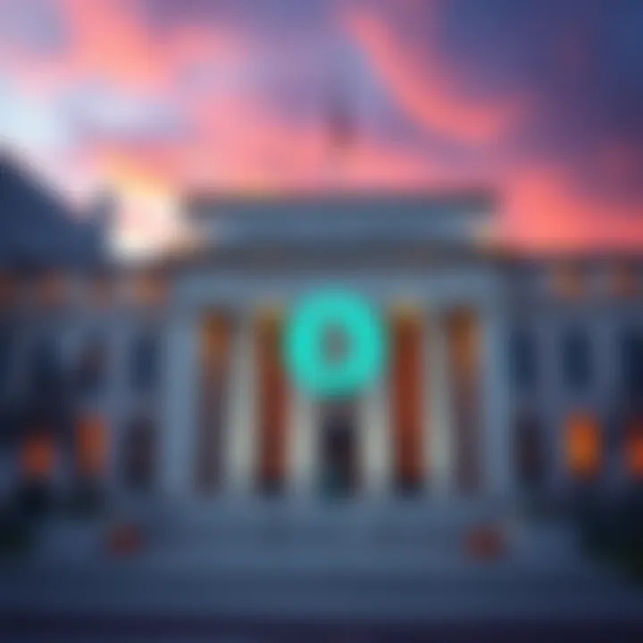 Kansas City Federal Reserve building with a digital currency symbol to represent Kraken's new payment account approval, showing concern among traditional banks.