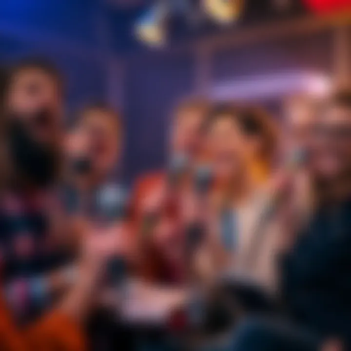 Group of friends enjoying karaoke night with a microphone and joyful expressions