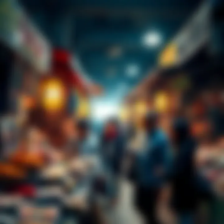 A group of people in a marketplace negotiating sales at high prices, with various goods displayed around them.