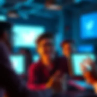 People discussing the hype around Kaspa on Twitter with excited expressions and hashtags visible on their screens