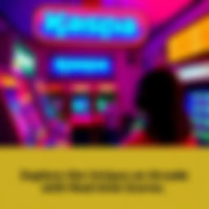 A player enjoying classic games like Tetris and Snake in a vibrant arcade setting with screens showing real-time scores.