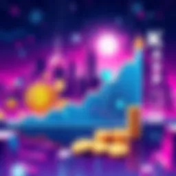 A digital illustration showing a bullish chart representing growth of Kaspa alongside Bitcoin and other cryptocurrencies, with a backdrop of a tech-inspired city skyline.