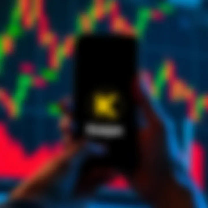 Investment in Kaspa A person holding a phone showing the Kaspa cryptocurrency logo with financial charts in the background.