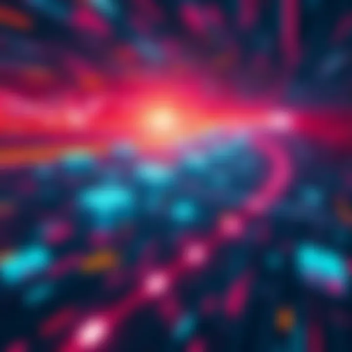 Representation of Kaspa's network achieving high transaction speed, showing digital blocks moving quickly in a vibrant digital landscape.