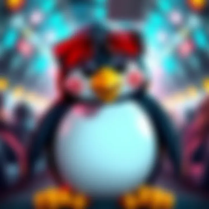 A cartoon penguin wearing sunglasses with a digital coin logo, symbolizing cryptocurrency and the trending meme culture.