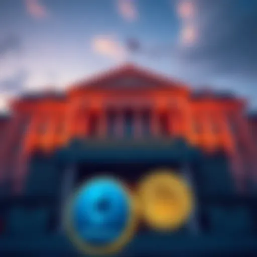 Kazakhstan Central Bank building with Bitcoin and Ethereum symbols in front, symbolizing investment in digital currencies.