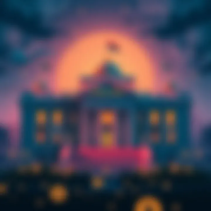 Illustration of Kazakhstan's central bank with Bitcoin symbols and digital assets representing investment strategy