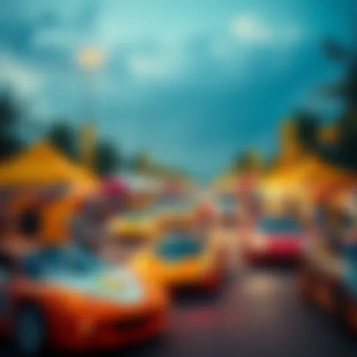 A lively Kendu community event featuring racing cars and vendors promoting a new mango flavor. People are enjoying the festivities and participating in races.