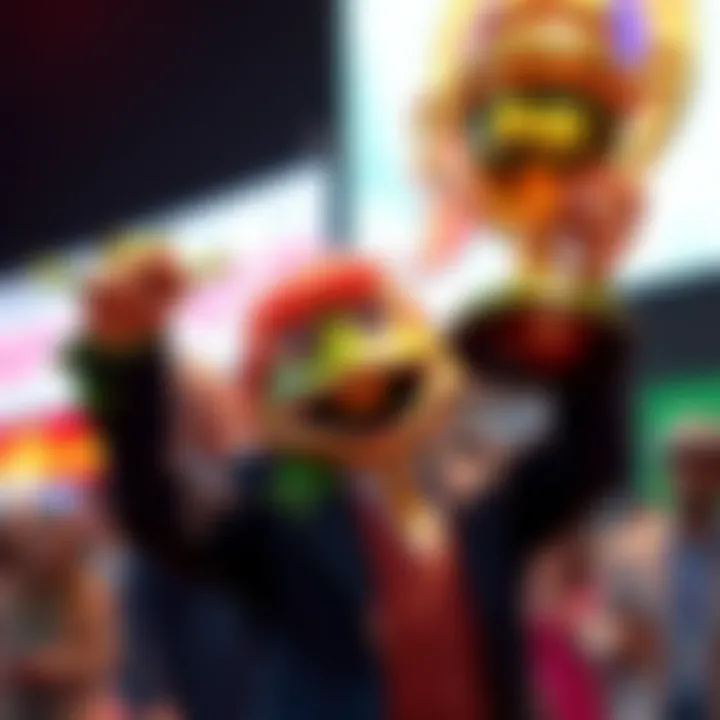 Kermie joyfully holding up a trophy with frog decorations after winning the auction