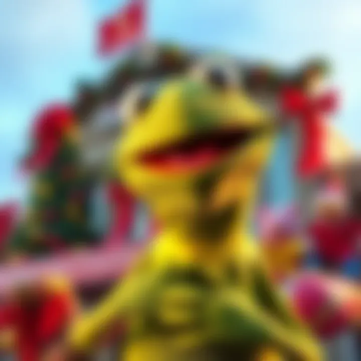 Kermit joyfully announces new landmark ownership with a big smile and festive decorations around him.