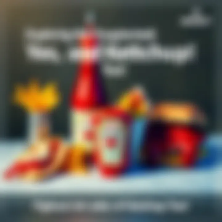 A bottle of ketchup next to various unconventional food pairings like fries, a hot dog, and a burger, showcasing creative uses of ketchup