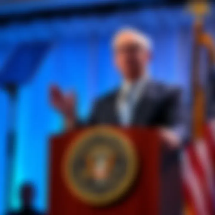 Kevin Walsh speaking at a podium with a Federal Reserve logo, expressing views on cryptocurrency