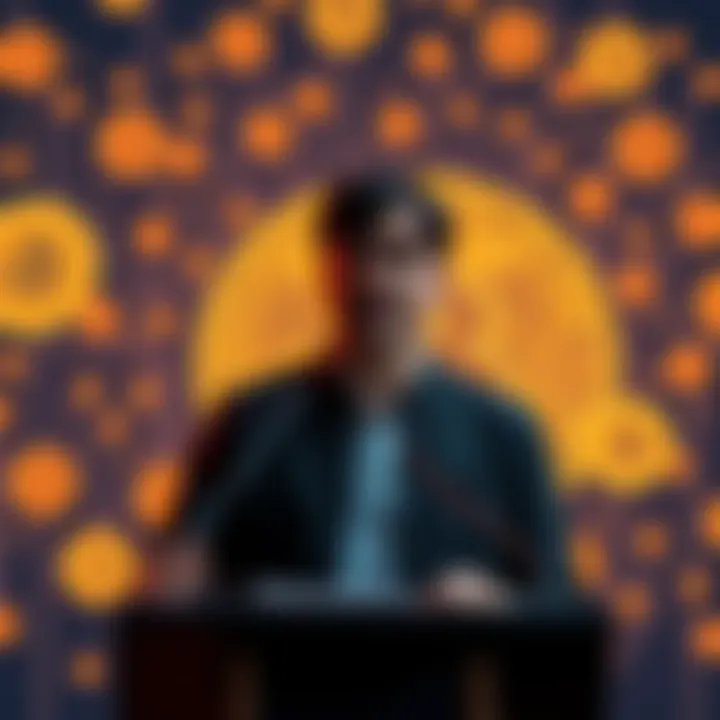 Kevin Warsh stands at a podium, speaking about Bitcoin's potential as an asset, with a backdrop of cryptocurrency symbols.