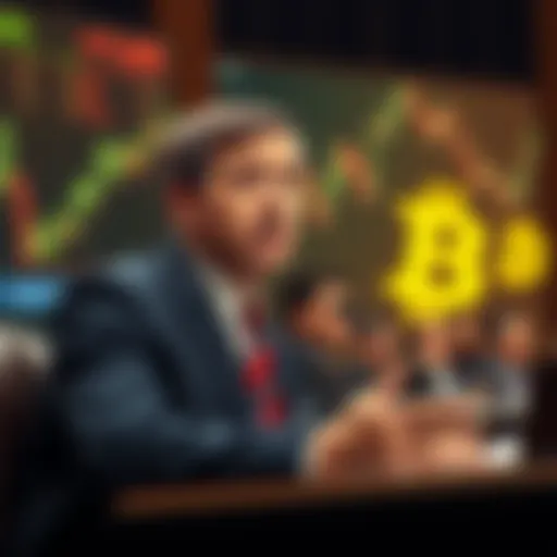 Kevin Warsh, the new Federal Reserve Chair, speaking at his first FOMC meeting, with charts and Bitcoin symbols in the background.