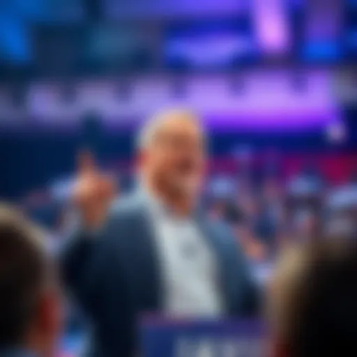 Kevin James speaking to a crowd during a campaign event for California Governor, highlighting his potential presidency at Atlas Earth.