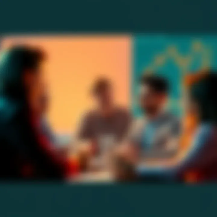 A group of people discussing decentralized finance strategies, focusing on sustainability and risk assessment, with charts and graphs in the background.