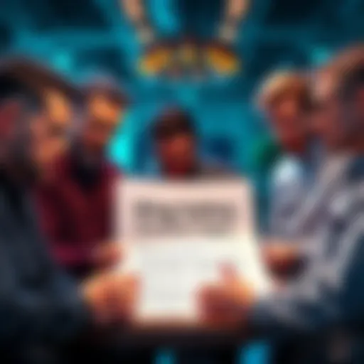 A group of people discussing blockchain changes with a document titled King Safety position paper in front of them