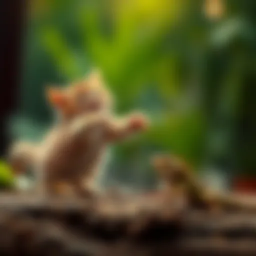 A brave kitten leaps toward a lizard to protect its mother in a surprising moment of courage.