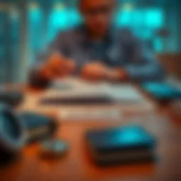 A person organizing tax documents with digital wallets on a table, focusing on privacy and information sharing for tax services.