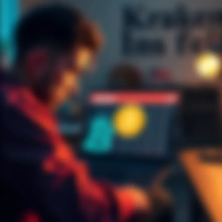 A person looking worried while checking their blocked Kraken account on a laptop, with a Bitcoin logo displayed on the screen.