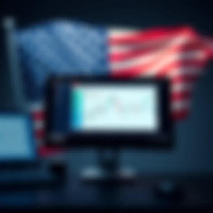 Graphic showing a computer screen displaying Kraken's crypto futures trading interface with a US flag in the background