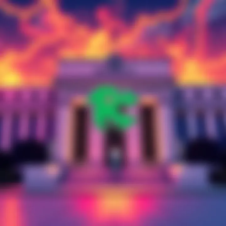 An illustration of a Kraken logo with a Federal Reserve building in the background, symbolizing Kraken's new master account