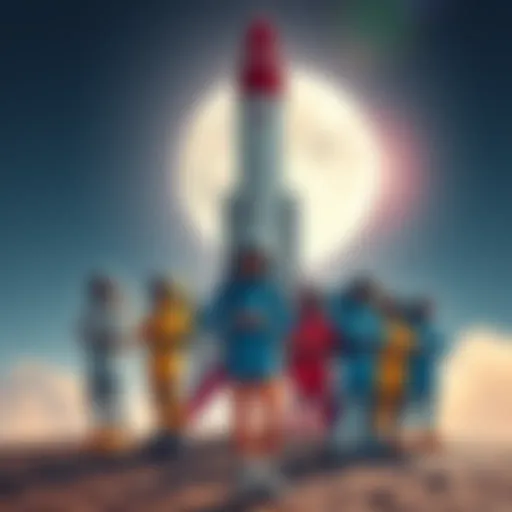 A group of excited people dressed in colorful gear, standing beside a sleek rocket with a moon in the background, ready for their journey to the moon.