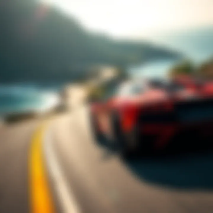 A shiny Lamborghini driving on a beautiful coastal road, symbolizing the journey toward owning one.