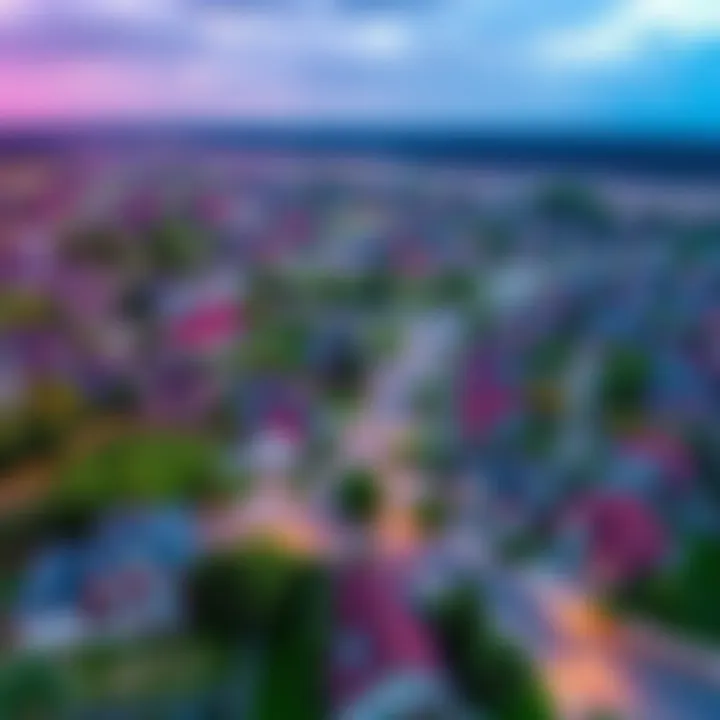 Aerial view of land plots in a small village, showcasing rows of houses and open spaces