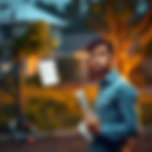 A person stands in front of a plot of land with a confused expression, holding a property deed and looking at a fence blocking access.