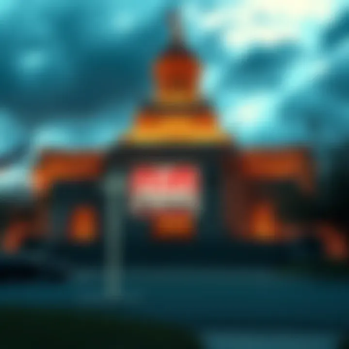 A prominent landmark building with a For Sale sign in front, symbolizing ownership change due to unpaid payments.