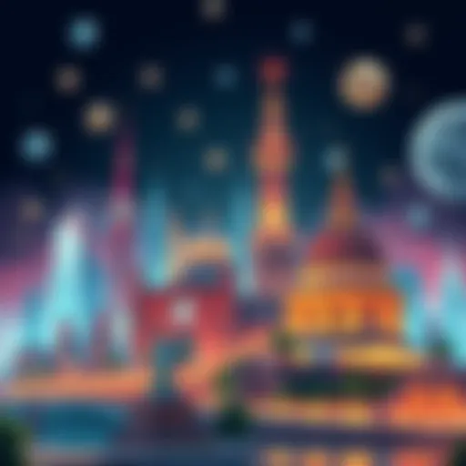 An illustrated concept showing iconic landmarks with video game tokens and abilities, emphasizing playful interaction with cultural sites