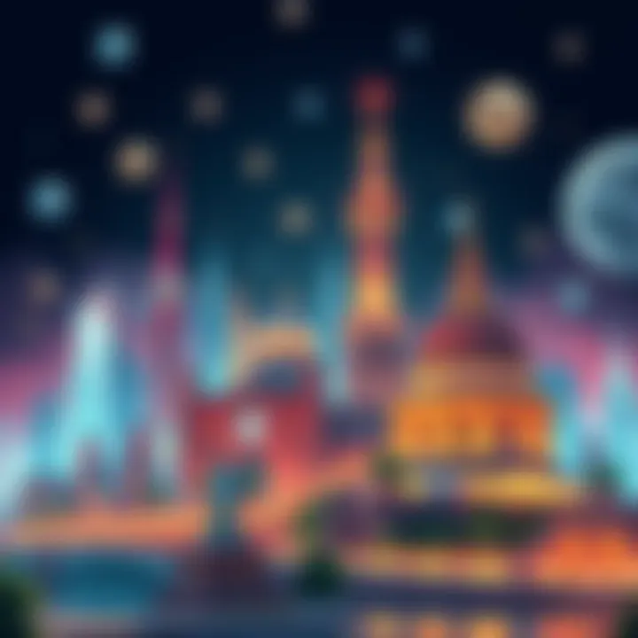 An illustrated concept showing iconic landmarks with video game tokens and abilities, emphasizing playful interaction with cultural sites