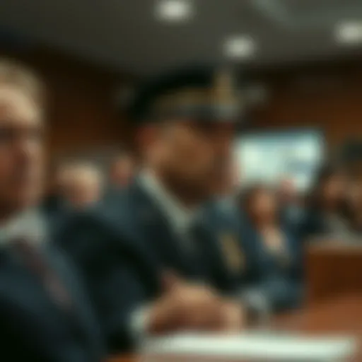 A court scene showing a former LAPD officer on trial for kidnapping and theft, with concerned people in the background.