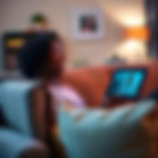 A person sitting on a couch laughing while watching a funny video on their tablet