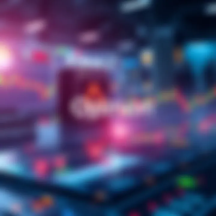 Graphic showing the launch of #OPINION on BitMart, depicting a digital trading platform with economic charts and symbols representing crypto trading.