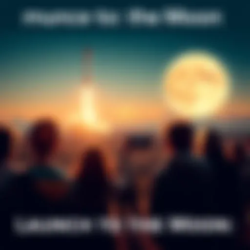 A rocket taking off towards the moon with excited people watching in the background.