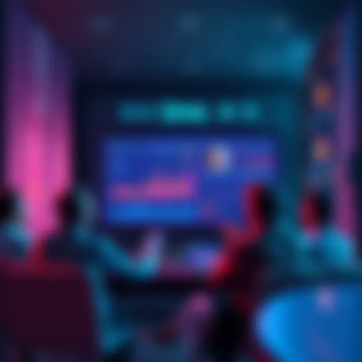 A group of people discussing launching meme coins on Uxento with charts and graphs on screen