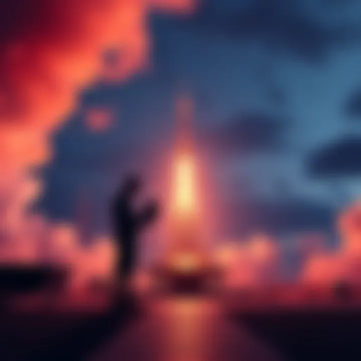A person standing with a laptop on a launch pad, preparing to start a project, with rockets in the background